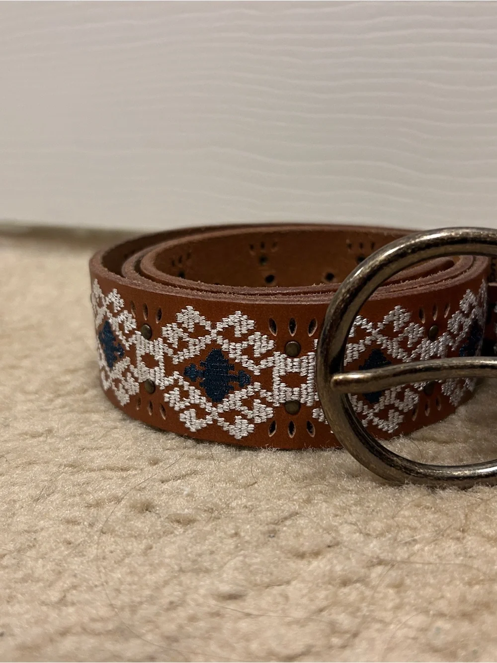 Lucky Brand Brown Leather Belt with White & Navy Embroidery